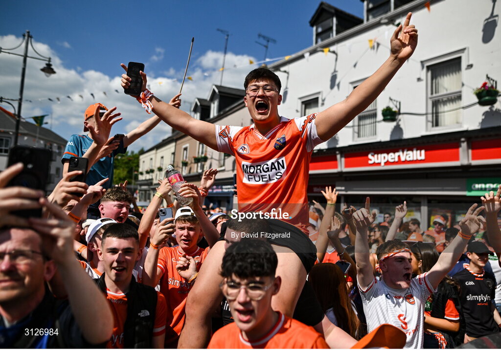 10 May 2025; Armagh supporters before the Ulster GAA Football Senior Championship final match between Armagh and Donegal at St Tiernach's Park in Clones, Monaghan. Photo by David Fitzgerald/Sportsfile