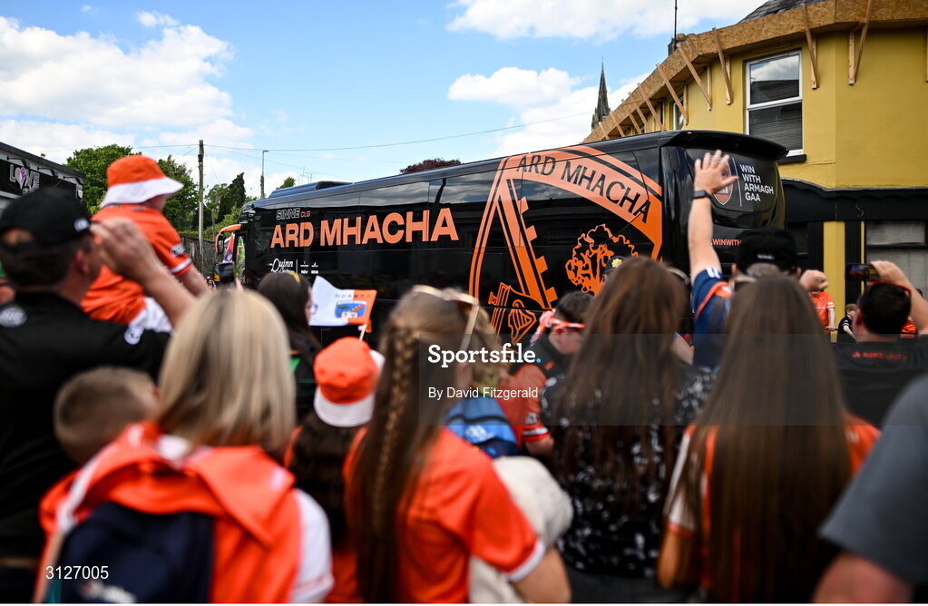 10 May 2025; The Armagh team bus arrives before the Ulster GAA Football Senior Championship final match between Armagh and Donegal at St Tiernach's Park in Clones, Monaghan. Photo by David Fitzgerald/Sportsfile