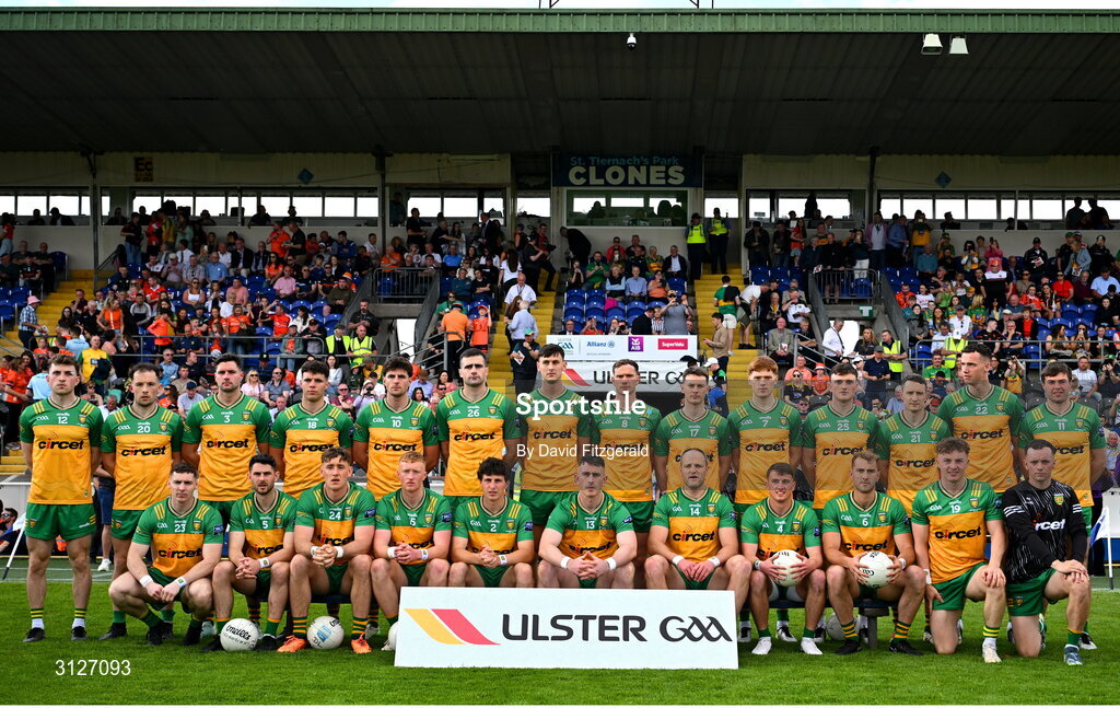 10 May 2025; The Donegal squad before the Ulster GAA Football Senior Championship final match between Armagh and Donegal at St Tiernach's Park in Clones, Monaghan. Photo by David Fitzgerald/Sportsfile