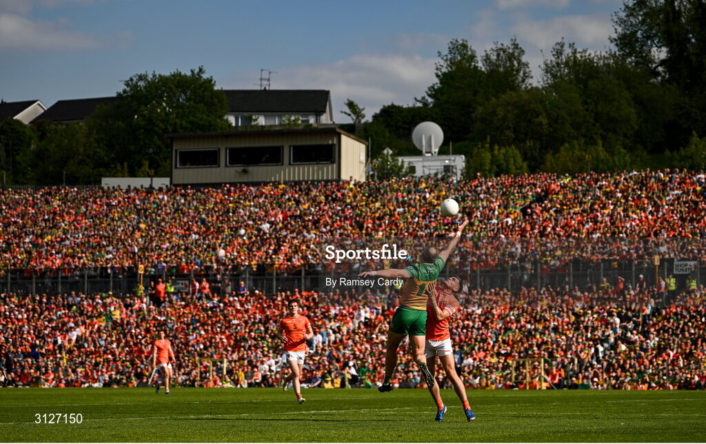 10 May 2025; Michael Murphy of Donegal in action against Greg McCabe of Armagh during the Ulster GAA Football Senior Championship final match between Armagh and Donegal at St Tiernach's Park in Clones, Monaghan. Photo by Ramsey Cardy/Sportsfile