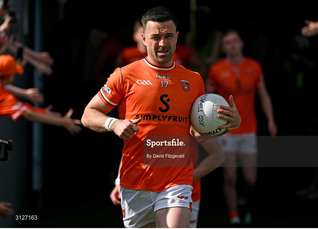 10 May 2025; Aidan Forker of Armagh leads his team mates out before the Ulster GAA Football Senior Championship final match between Armagh and Donegal at St Tiernach's Park in Clones, Monaghan. Photo by David Fitzgerald/Sportsfile