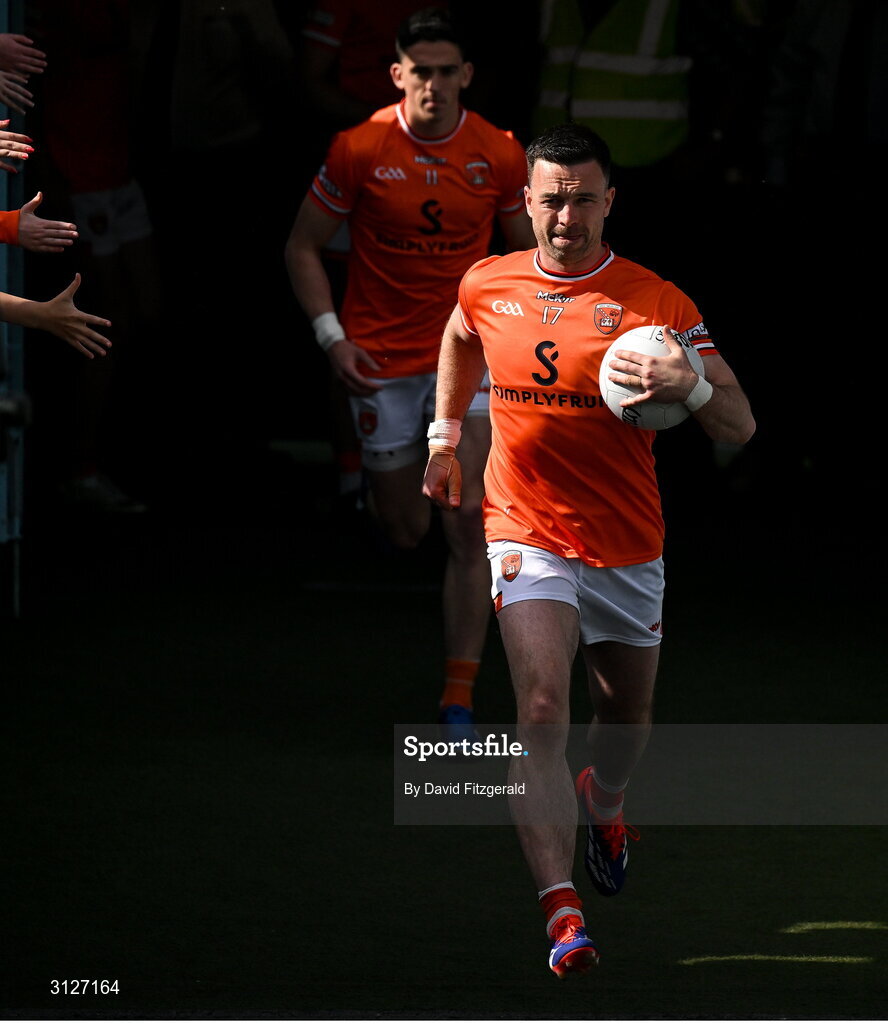 10 May 2025; Aidan Forker of Armagh leads his team mates out before the Ulster GAA Football Senior Championship final match between Armagh and Donegal at St Tiernach's Park in Clones, Monaghan. Photo by David Fitzgerald/Sportsfile
