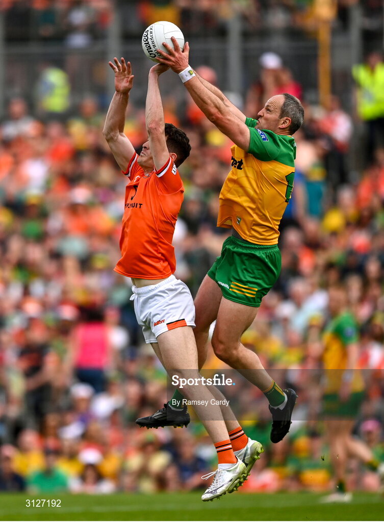 10 May 2025; Michael Murphy of Donegal in action against Jarly Óg Burns of Armagh during the Ulster GAA Football Senior Championship final match between Armagh and Donegal at St Tiernach's Park in Clones, Monaghan. Photo by Ramsey Cardy/Sportsfile