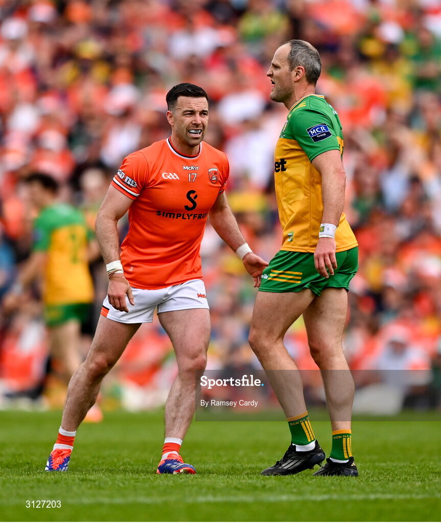 10 May 2025; Aidan  Forker of Armagh and Michael Murphy of Donegal during the Ulster GAA Football Senior Championship final match between Armagh and Donegal at St Tiernach's Park in Clones, Monaghan. Photo by Ramsey Cardy/Sportsfile
