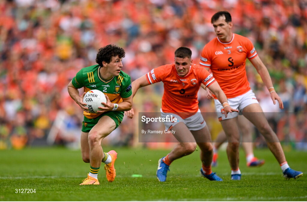 10 May 2025; Finnbarr Roarty of Donegal in action against Greg McCabe of Armagh during the Ulster GAA Football Senior Championship final match between Armagh and Donegal at St Tiernach's Park in Clones, Monaghan. Photo by Ramsey Cardy/Sportsfile
