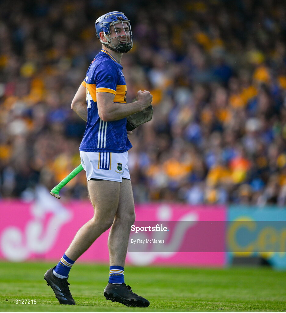 10 May 2025; Tipperary's John McGrath's celebrates his 6th minute goal during the Munster GAA Hurling Senior Championship Round 3 match between Clare and Tipperary at Zimmer Biomet Páirc Chíosóg in Ennis, Clare. Photo by Ray McManus/Sportsfile