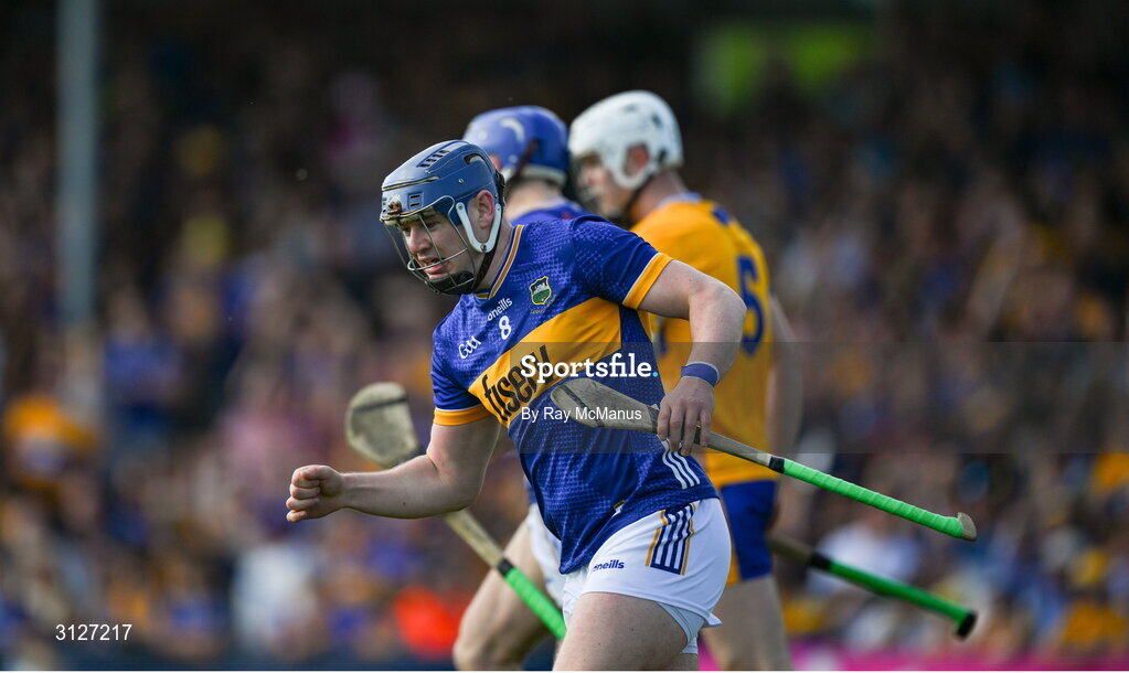 10 May 2025; Alan Tynan celebrates his Tipperary team mates, John McGrath's 6th minute goal during the Munster GAA Hurling Senior Championship Round 3 match between Clare and Tipperary at Zimmer Biomet Páirc Chíosóg in Ennis, Clare. Photo by Ray McManus/Sportsfile
