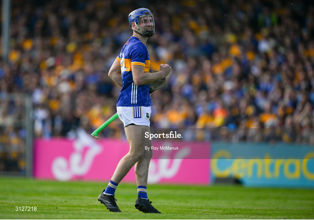 10 May 2025; Tipperary's John McGrath's celebrates his 6th minute goal during the Munster GAA Hurling Senior Championship Round 3 match between Clare and Tipperary at Zimmer Biomet Páirc Chíosóg in Ennis, Clare. Photo by Ray McManus/Sportsfile