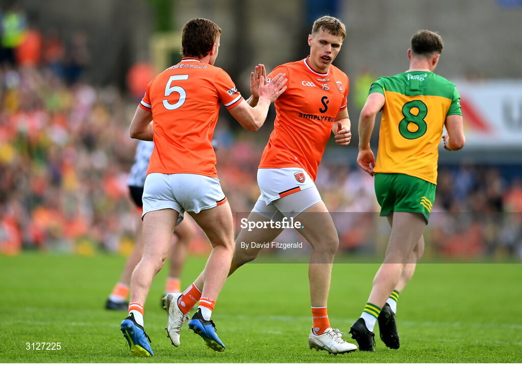 10 May 2025; Oisin O'Neill, right, and Ross McQuillan of Armagh celebrate a point during the Ulster GAA Football Senior Championship final match between Armagh and Donegal at St Tiernach's Park in Clones, Monaghan. Photo by David Fitzgerald/Sportsfile
