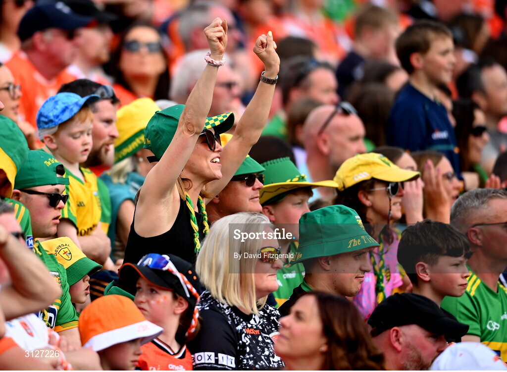 10 May 2025; A Donegal supporter reacts during the Ulster GAA Football Senior Championship final match between Armagh and Donegal at St Tiernach's Park in Clones, Monaghan. Photo by David Fitzgerald/Sportsfile