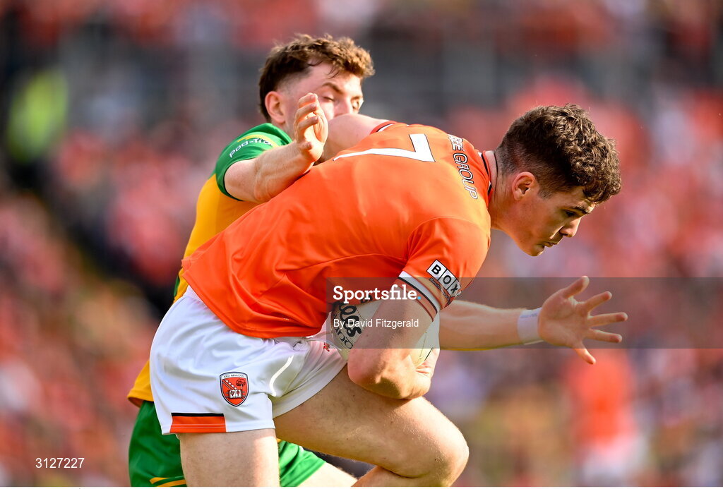 10 May 2025; Jarly Óg Burns of Armagh in action against Shane O'Donnell of Donegal during the Ulster GAA Football Senior Championship final match between Armagh and Donegal at St Tiernach's Park in Clones, Monaghan. Photo by David Fitzgerald/Sportsfile