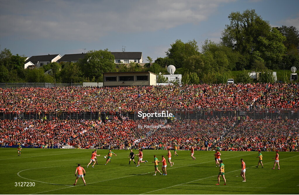 10 May 2025; A general view as Michael Langan of Donegal kicks a point during the Ulster GAA Football Senior Championship final match between Armagh and Donegal at St Tiernach's Park in Clones, Monaghan. Photo by Ramsey Cardy/Sportsfile