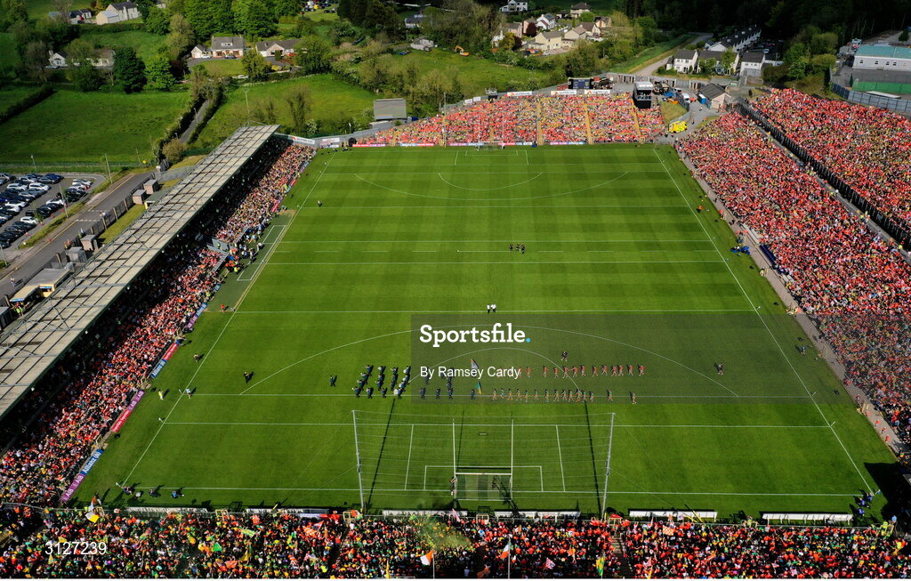 10 May 2025; Both teams parade before the Ulster GAA Football Senior Championship final match between Armagh and Donegal at St Tiernach's Park in Clones, Monaghan. Photo by Ramsey Cardy/Sportsfile