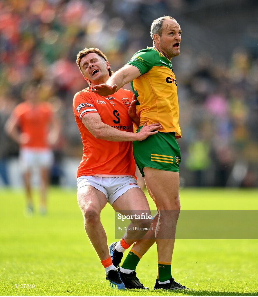 10 May 2025; Ross McQuillan of Armagh in action against Michael Murphy of Donegal during the Ulster GAA Football Senior Championship final match between Armagh and Donegal at St Tiernach's Park in Clones, Monaghan. Photo by David Fitzgerald/Sportsfile