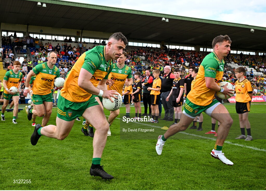 10 May 2025; Patrick McBrearty, left, and Peadar Mogan of Donegal run out before the Ulster GAA Football Senior Championship final match between Armagh and Donegal at St Tiernach's Park in Clones, Monaghan. Photo by David Fitzgerald/Sportsfile