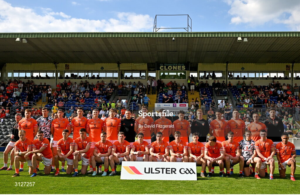 10 May 2025; The Armagh team before the Ulster GAA Football Senior Championship final match between Armagh and Donegal at St Tiernach's Park in Clones, Monaghan. Photo by David Fitzgerald/Sportsfile