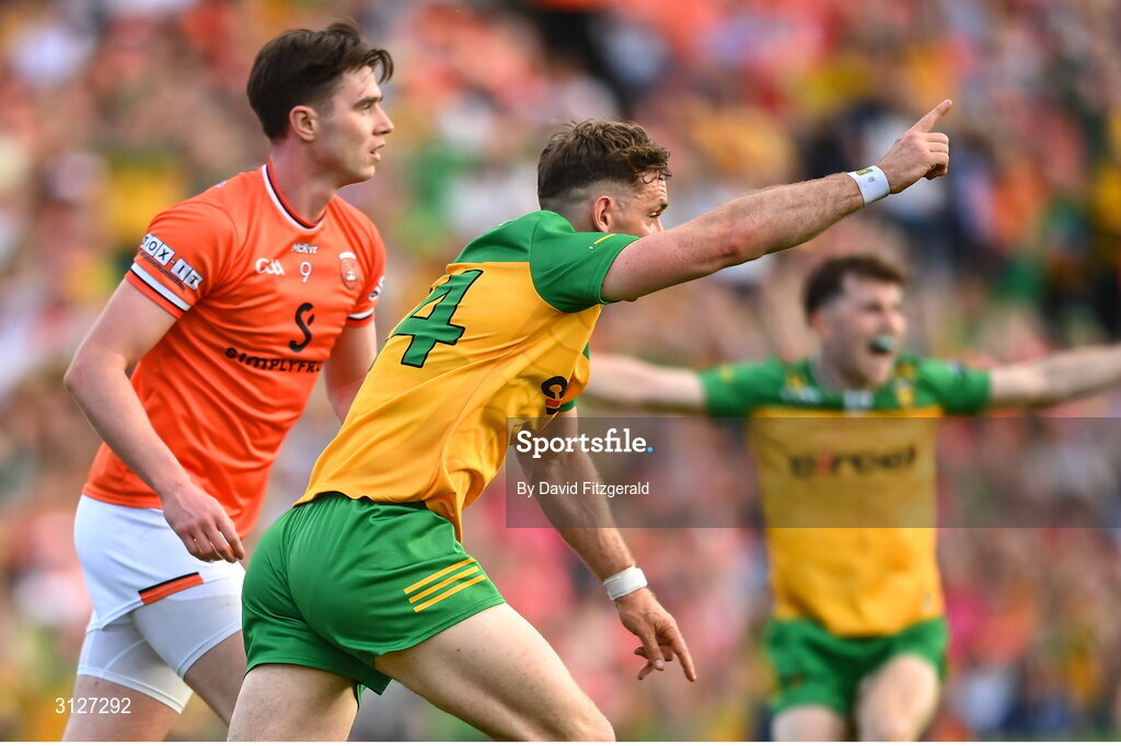 10 May 2025; Hugh McFadden of Donegal celebrates after scoring his side's first goal during the Ulster GAA Football Senior Championship final match between Armagh and Donegal at St Tiernach's Park in Clones, Monaghan. Photo by David Fitzgerald/Sportsfile