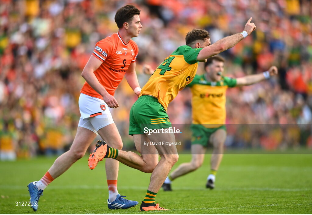 10 May 2025; Hugh McFadden of Donegal celebrates after scoring his side's first goal during the Ulster GAA Football Senior Championship final match between Armagh and Donegal at St Tiernach's Park in Clones, Monaghan. Photo by David Fitzgerald/Sportsfile