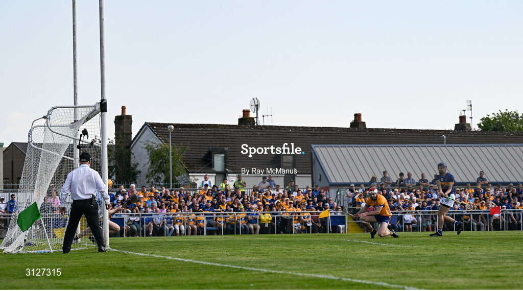 10 May 2025; Tipperary's John McGrath's scores his 6th minute goal during the Munster GAA Hurling Senior Championship Round 3 match between Clare and Tipperary at Zimmer Biomet Páirc Chíosóg in Ennis, Clare. Photo by Ray McManus/Sportsfile
