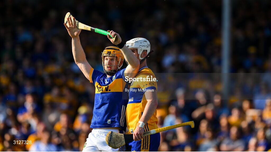 10 May 2025; Jake Morris of Tipperary is marked closly by Daithi Lohan of Clare during the Munster GAA Hurling Senior Championship Round 3 match between Clare and Tipperary at Zimmer Biomet Páirc Chíosóg in Ennis, Clare. Photo by Ray McManus/Sportsfile
