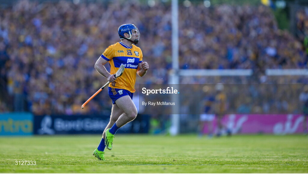 10 May 2025; Shane O'Donnell of Clare runs on as a second half substitute during the Munster GAA Hurling Senior Championship Round 3 match between Clare and Tipperary at Zimmer Biomet Páirc Chíosóg in Ennis, Clare. Photo by Ray McManus/Sportsfile