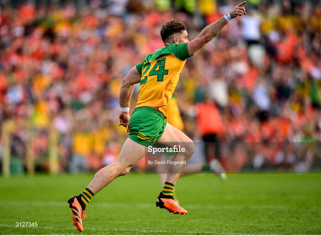 10 May 2025; Hugh McFadden of Donegal celebrates after scoring his side's first goal during the Ulster GAA Football Senior Championship final match between Armagh and Donegal at St Tiernach's Park in Clones, Monaghan. Photo by David Fitzgerald/Sportsfile
