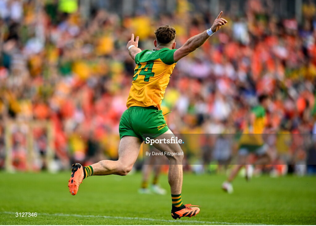 10 May 2025; Hugh McFadden of Donegal celebrates after scoring his side's first goal during the Ulster GAA Football Senior Championship final match between Armagh and Donegal at St Tiernach's Park in Clones, Monaghan. Photo by David Fitzgerald/Sportsfile