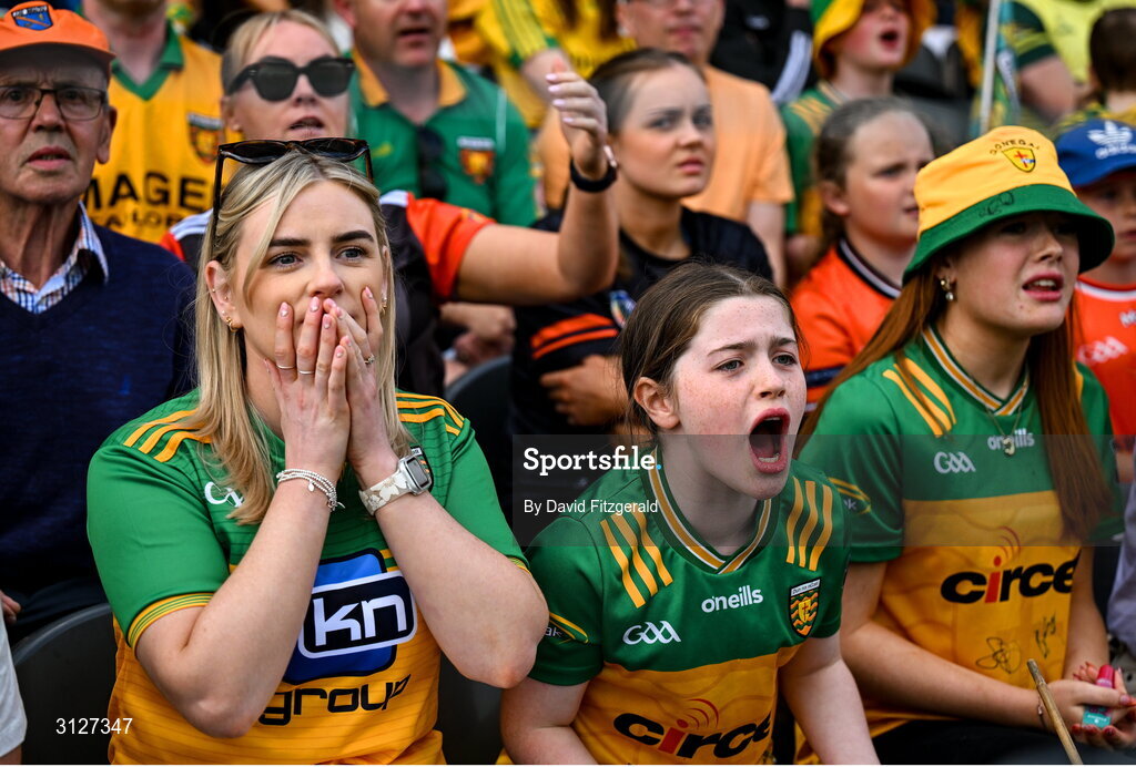 10 May 2025; Donegal supporters react during the Ulster GAA Football Senior Championship final match between Armagh and Donegal at St Tiernach's Park in Clones, Monaghan. Photo by David Fitzgerald/Sportsfile