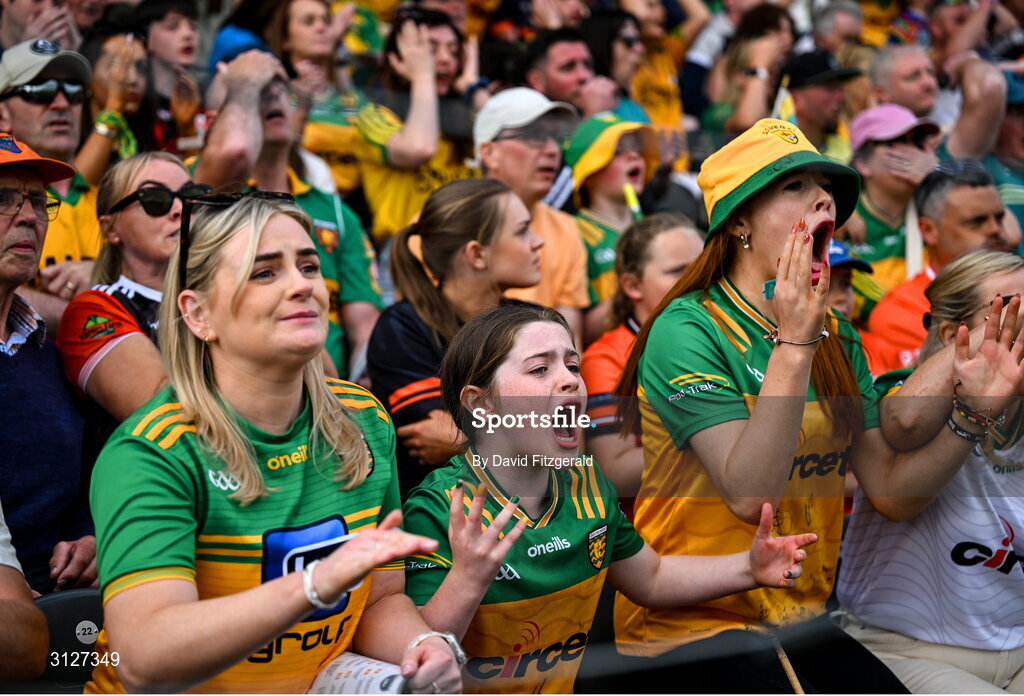 10 May 2025; Donegal supporters react during the Ulster GAA Football Senior Championship final match between Armagh and Donegal at St Tiernach's Park in Clones, Monaghan. Photo by David Fitzgerald/Sportsfile