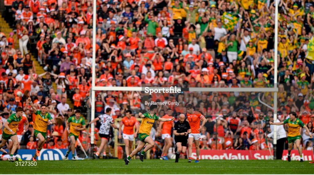 10 May 2025; Ryan McHugh of Donegal celebrates his side's first goal, scored by Hugh McFadden, during the Ulster GAA Football Senior Championship final match between Armagh and Donegal at St Tiernach's Park in Clones, Monaghan. Photo by Ramsey Cardy/Sportsfile