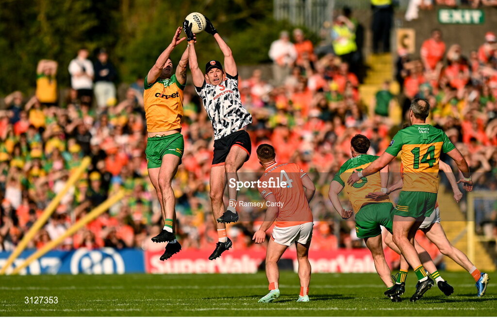 10 May 2025; Armagh goalkeeper Ethan Rafferty in action against Shane O'Donnell of Donegal during the Ulster GAA Football Senior Championship final match between Armagh and Donegal at St Tiernach's Park in Clones, Monaghan. Photo by Ramsey Cardy/Sportsfile
