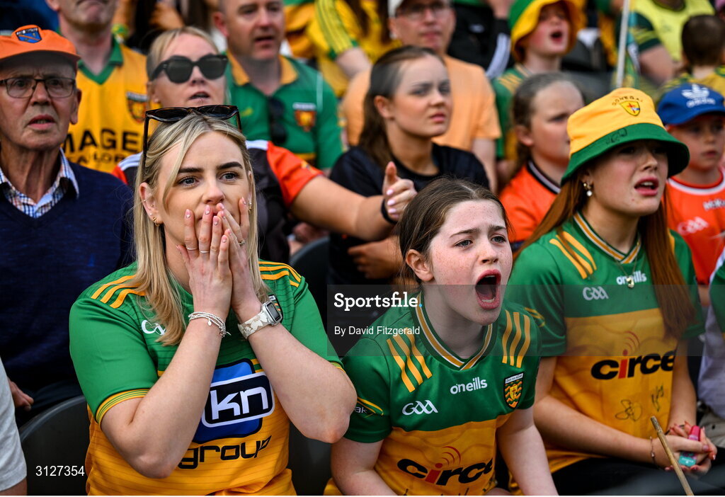 10 May 2025; Donegal supporters react during the Ulster GAA Football Senior Championship final match between Armagh and Donegal at St Tiernach's Park in Clones, Monaghan. Photo by David Fitzgerald/Sportsfile