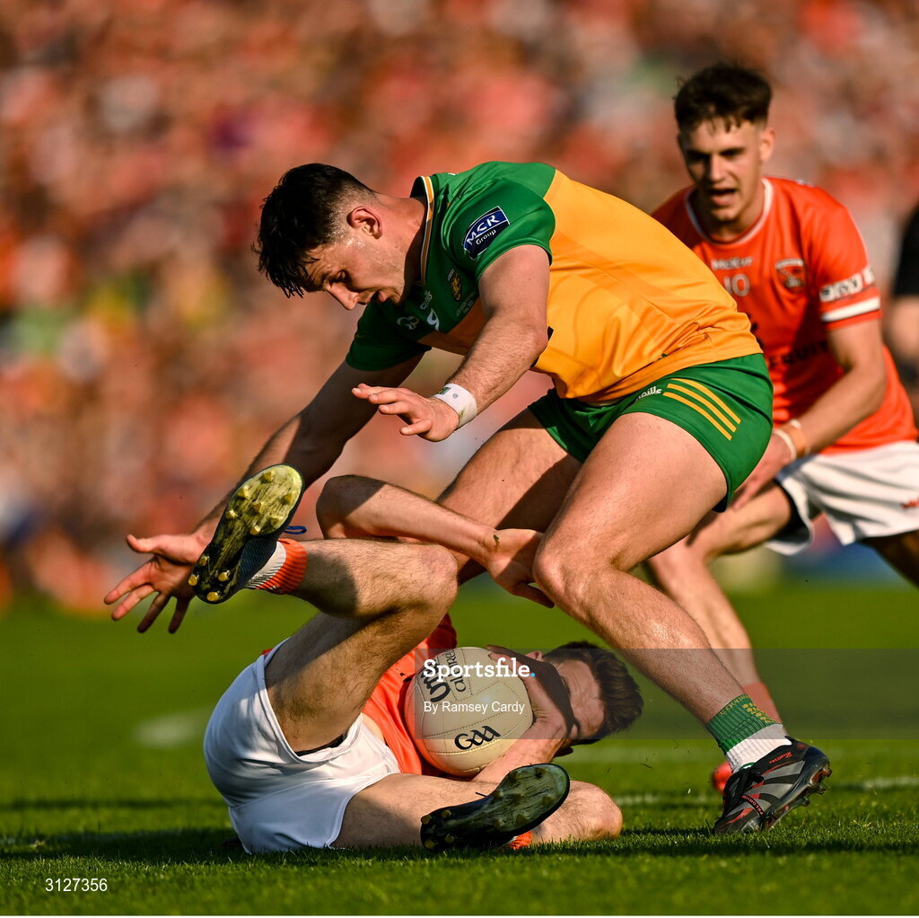 10 May 2025; Niall Grimley of Armagh in action against Michael Langan of Donegal during the Ulster GAA Football Senior Championship final match between Armagh and Donegal at St Tiernach's Park in Clones, Monaghan. Photo by Ramsey Cardy/Sportsfile