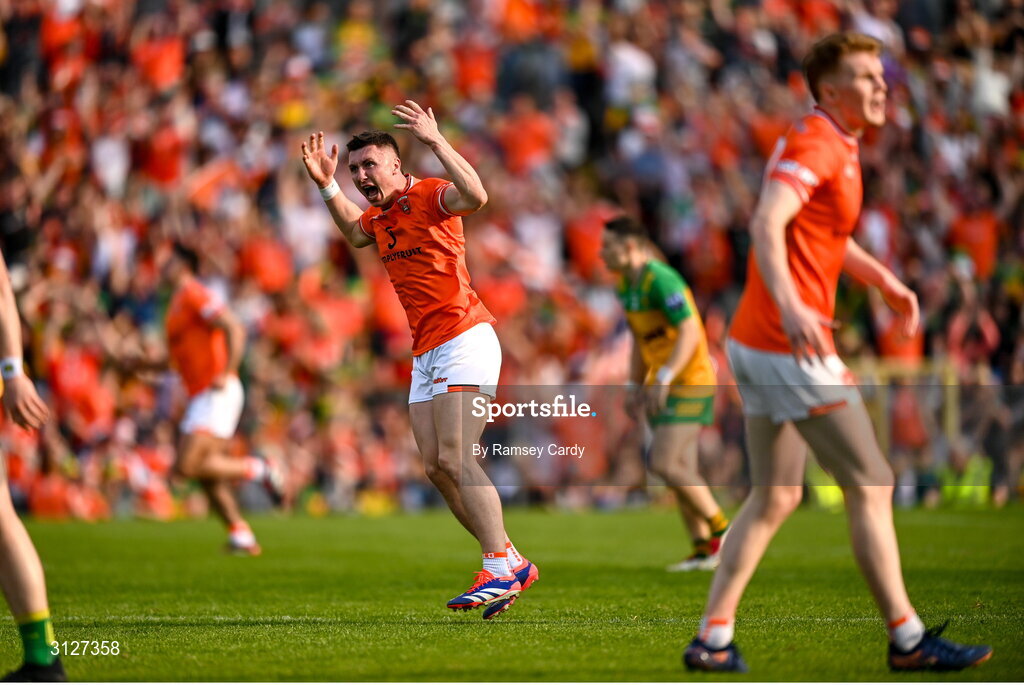 10 May 2025; Oisin Conaty of Armagh celebrates kicking a point during the Ulster GAA Football Senior Championship final match between Armagh and Donegal at St Tiernach's Park in Clones, Monaghan. Photo by Ramsey Cardy/Sportsfile