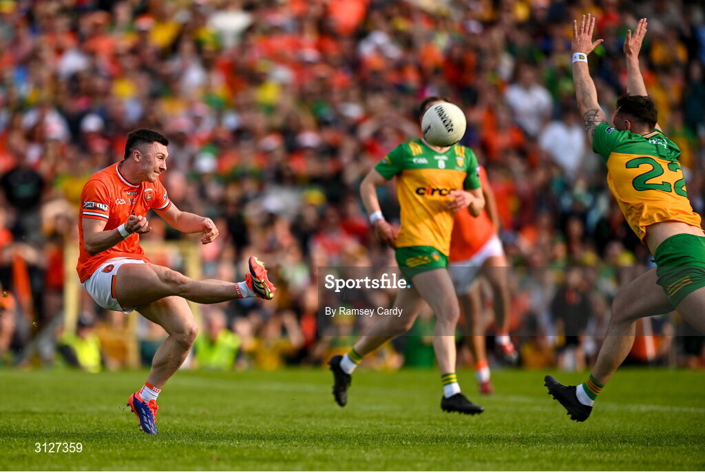 10 May 2025; Oisin Conaty of Armagh kicks a point to send the game to extra-time during the Ulster GAA Football Senior Championship final match between Armagh and Donegal at St Tiernach's Park in Clones, Monaghan. Photo by Ramsey Cardy/Sportsfile