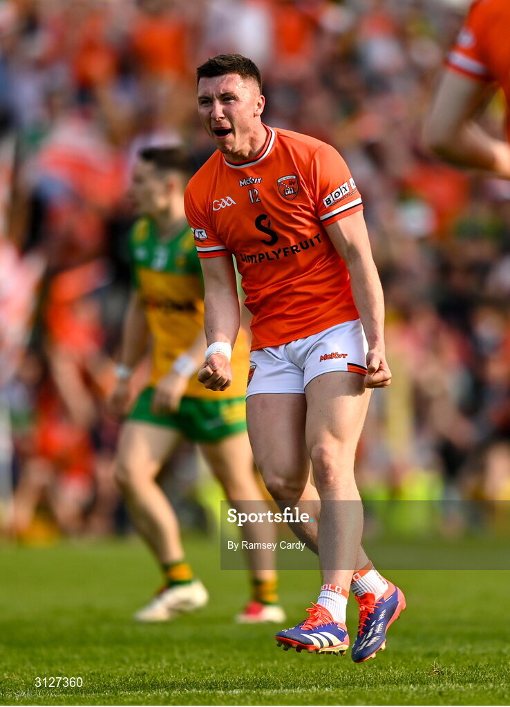 10 May 2025; Oisin Conaty of Armagh celebrates kicking a point during the Ulster GAA Football Senior Championship final match between Armagh and Donegal at St Tiernach's Park in Clones, Monaghan. Photo by Ramsey Cardy/Sportsfile