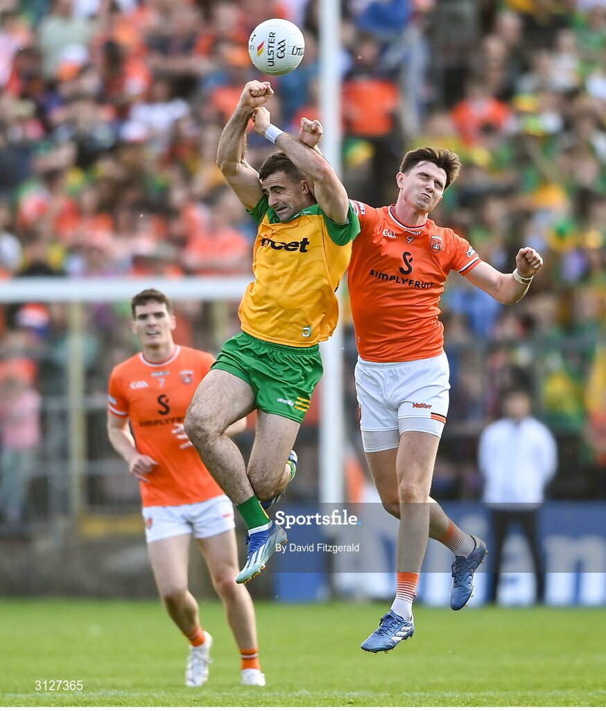10 May 2025; Caolan McGonigle of Donegal in action against Ben Crealey of Armagh during the Ulster GAA Football Senior Championship final match between Armagh and Donegal at St Tiernach's Park in Clones, Monaghan. Photo by David Fitzgerald/Sportsfile