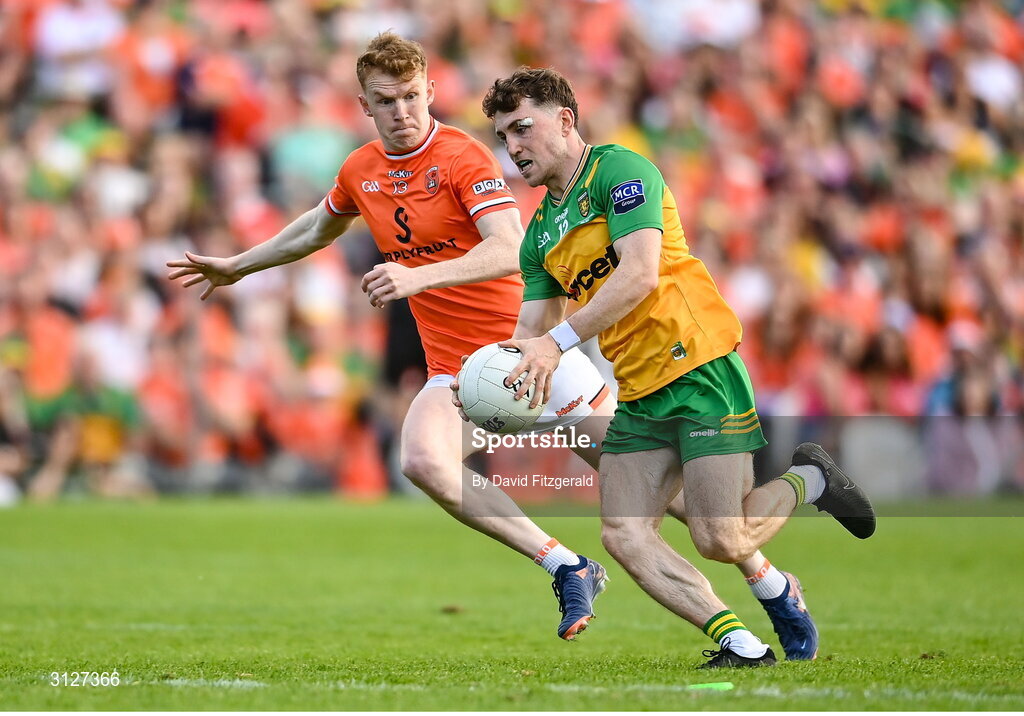 10 May 2025; Shane O'Donnell of Donegal in action against Conor Turbitt of Armagh during the Ulster GAA Football Senior Championship final match between Armagh and Donegal at St Tiernach's Park in Clones, Monaghan. Photo by David Fitzgerald/Sportsfile