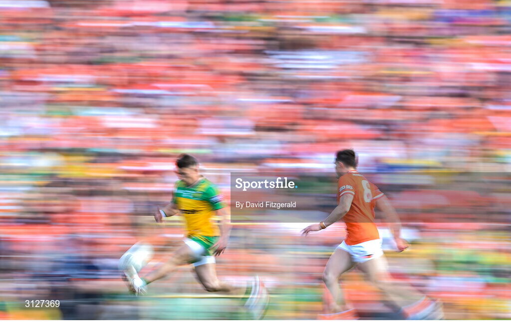 10 May 2025; Peadar Mogan of Donegal in action against Callum O'Neill of Armagh during the Ulster GAA Football Senior Championship final match between Armagh and Donegal at St Tiernach's Park in Clones, Monaghan. Photo by David Fitzgerald/Sportsfile