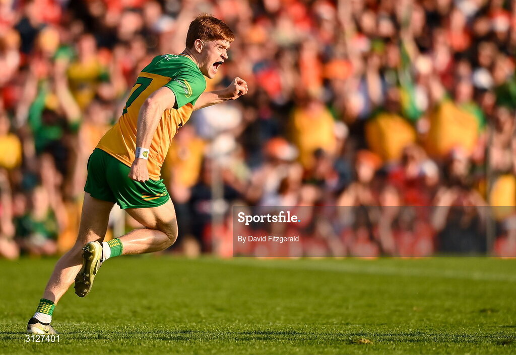 10 May 2025; Ciaran Moore of Donegal celebrates after scoring his side's second goal during the Ulster GAA Football Senior Championship final match between Armagh and Donegal at St Tiernach's Park in Clones, Monaghan. Photo by David Fitzgerald/Sportsfile
