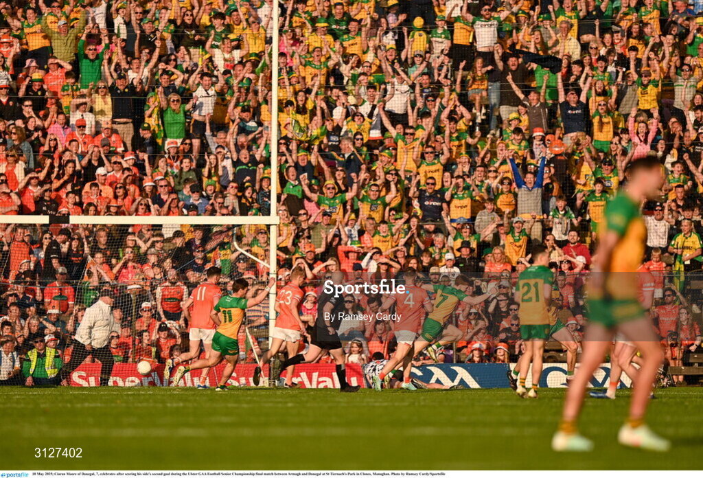 10 May 2025; Ciaran Moore of Donegal, 7, celebrates after scoring his side's second goal during the Ulster GAA Football Senior Championship final match between Armagh and Donegal at St Tiernach's Park in Clones, Monaghan. Photo by Ramsey Cardy/Sportsfile