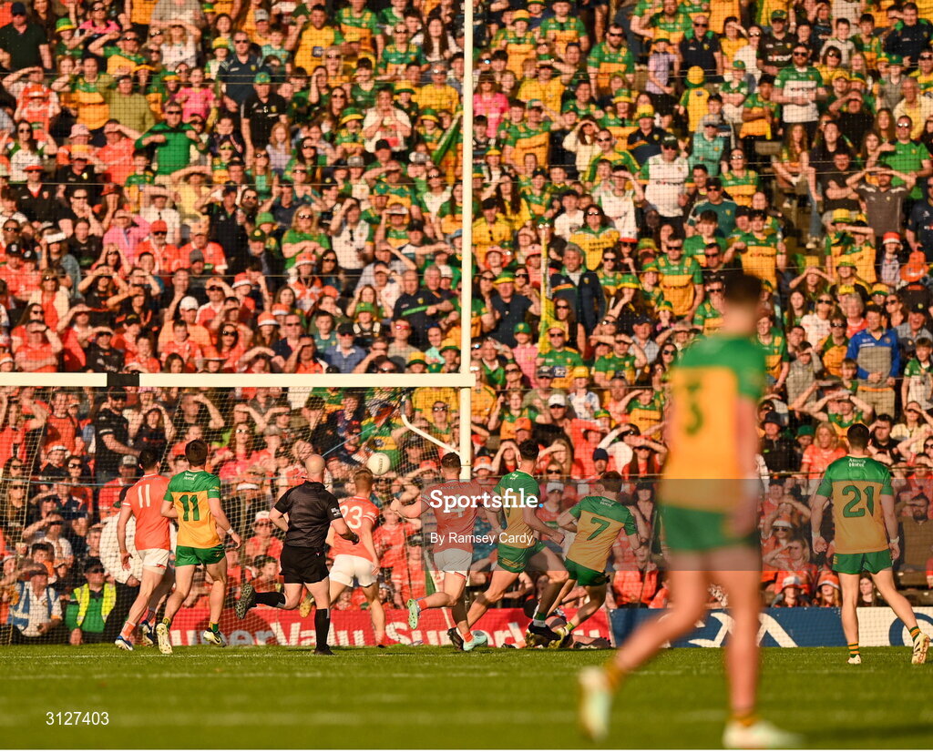 10 May 2025; Ciaran Moore of Donegal, 7, scores his side's second goal during the Ulster GAA Football Senior Championship final match between Armagh and Donegal at St Tiernach's Park in Clones, Monaghan. Photo by Ramsey Cardy/Sportsfile