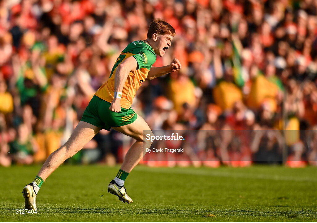 10 May 2025; Ciaran Moore of Donegal celebrates after scoring his side's second goal during the Ulster GAA Football Senior Championship final match between Armagh and Donegal at St Tiernach's Park in Clones, Monaghan. Photo by David Fitzgerald/Sportsfile
