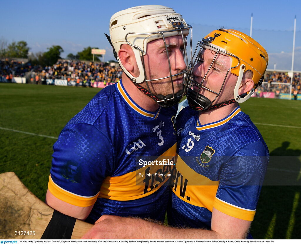 10 May 2025; Tipperary players, from left, Eoghan Connolly and Sean Kenneally after the Munster GAA Hurling Senior Championship Round 3 match between Clare and Tipperary at Zimmer Biomet Páirc Chíosóg in Ennis, Clare. Photo by John Sheridan/Sportsfile