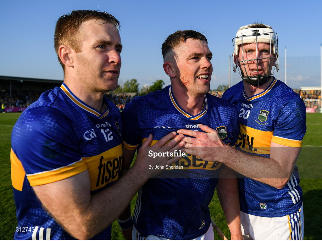10 May 2025;Tipperary players, from left, Noel McGrath, Ronan Maher and Seamus Kennedy after the Munster GAA Hurling Senior Championship Round 3 match between Clare and Tipperary at Zimmer Biomet Páirc Chíosóg in Ennis, Clare. Photo by John Sheridan/Sportsfile