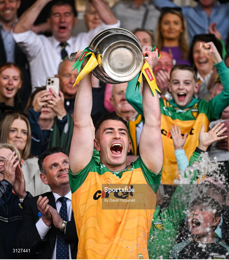10 May 2025; Donegal captain Patrick McBrearty lifts the cup after winning the Ulster GAA Football Senior Championship final match between Armagh and Donegal at St Tiernach's Park in Clones, Monaghan. Photo by David Fitzgerald/Sportsfile