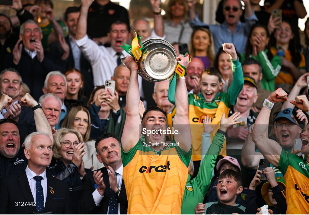 10 May 2025; Donegal captain Patrick McBrearty lifts the cup after winning the Ulster GAA Football Senior Championship final match between Armagh and Donegal at St Tiernach's Park in Clones, Monaghan. Photo by David Fitzgerald/Sportsfile