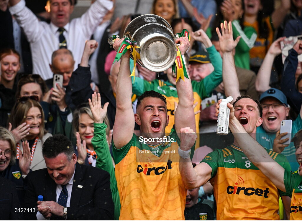 10 May 2025; Donegal captain Patrick McBrearty lifts the cup after winning the Ulster GAA Football Senior Championship final match between Armagh and Donegal at St Tiernach's Park in Clones, Monaghan. Photo by David Fitzgerald/Sportsfile