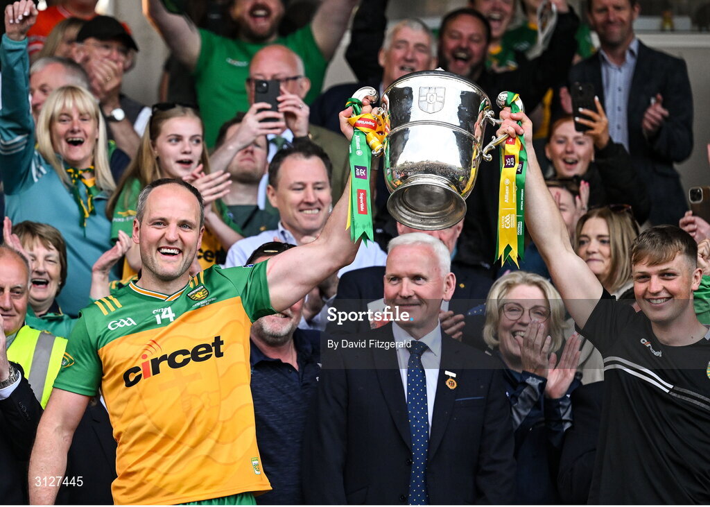 10 May 2025; Michael Murphy of Donegal, left, lifts the cup with Jack Gallagher after winning the Ulster GAA Football Senior Championship final match between Armagh and Donegal at St Tiernach's Park in Clones, Monaghan. Photo by David Fitzgerald/Sportsfile