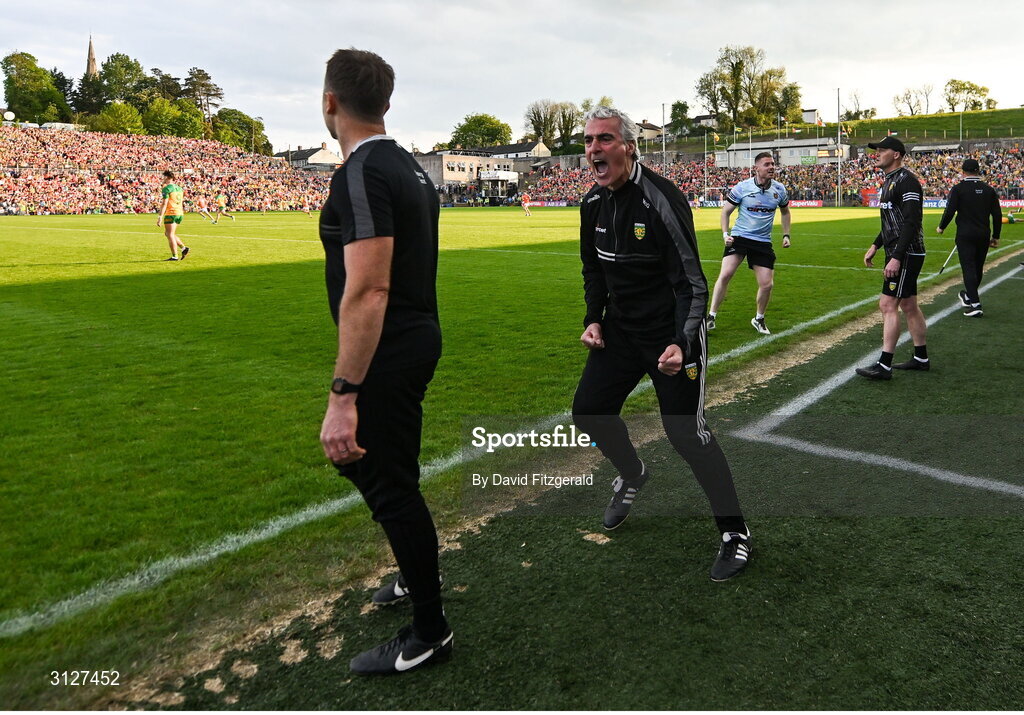 10 May 2025; Donegal manager Jim McGuinness celebrates at the final whistle after winning the Ulster GAA Football Senior Championship final match between Armagh and Donegal at St Tiernach's Park in Clones, Monaghan. Photo by David Fitzgerald/Sportsfile